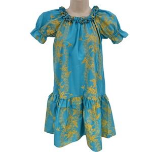 VTG Hilo Hattie Dress Girls 6X Blue Yellow Floral Ruffle Hawaiian Tropical Party